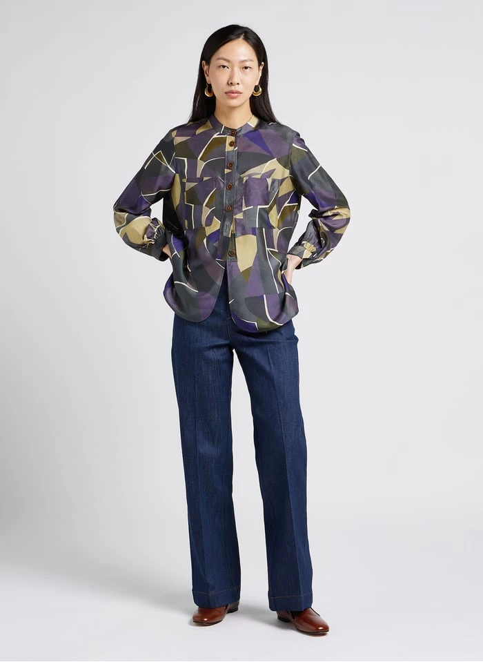 Soeur LAURE - Chemise Col Rond Montant Imprimé Fleurs En Soie | Gris 4 Soeur LAURE - Chemise Col Rond Montant Imprimé Fleurs En Soie | Gris – Image 4