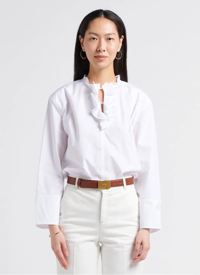 Soeur THEMA - Blouse Col Mao à Volants En Coton | Blanc 1 Soeur THEMA - Blouse Col Mao à Volants En Coton | Blanc