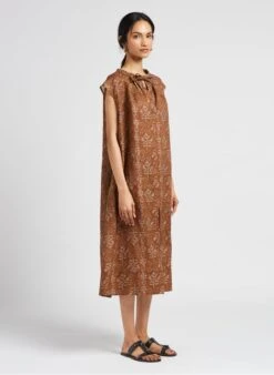 Soeur TAMARIS - Robe Midi Col Tunisien Imprimée En Lin | Marron -Soeur 4123518