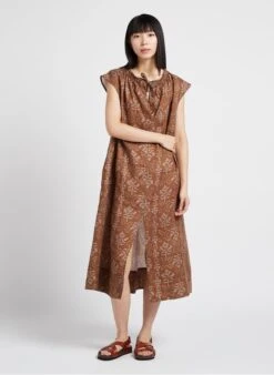 Soeur TAMARIS - Robe Midi Col Tunisien Imprimée En Lin | Marron -Soeur 4156269