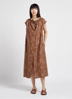 Soeur TAMARIS - Robe Midi Col Tunisien Imprimée En Lin | Marron -Soeur 4156272